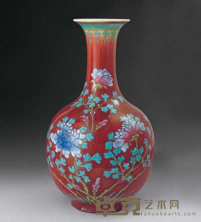 清道光 红釉加彩花卉图瓶 高31cm